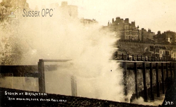 Image of Brighton - Storm with sea washing over the Volks Railway