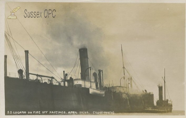Image of Hastings - SS Lugano on Fire, 26th April 1906